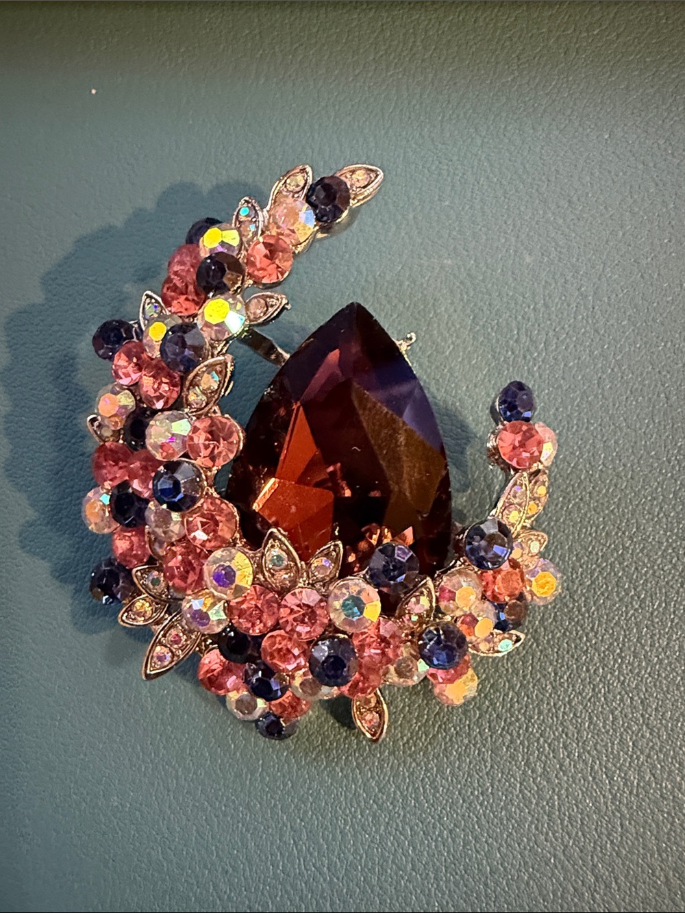 Crystal Floral Teardrop Brooch in Deep Amethyst and Pink